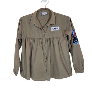 Buzz Aldrin Beige Button Front Peplum Top Size XL NASA Space Top